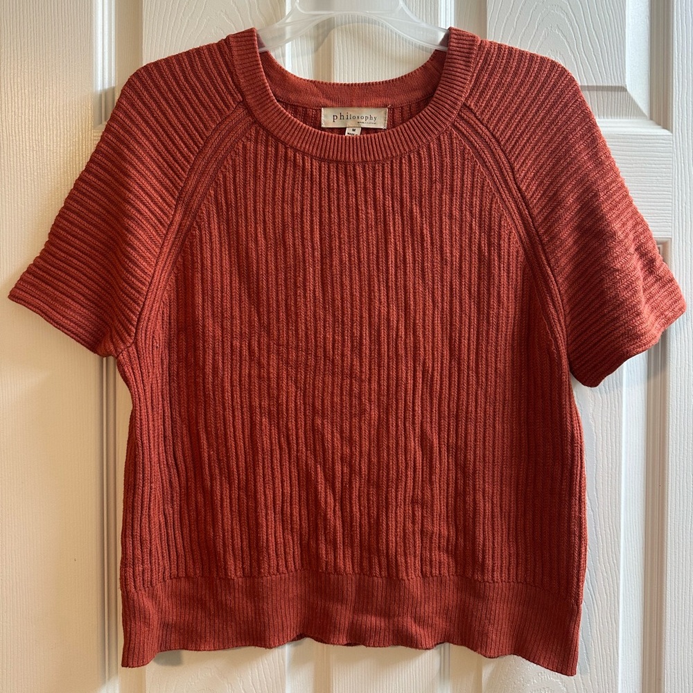 Philosophy Brick Red Ribbed Knit Short Sleeved Sweater Top